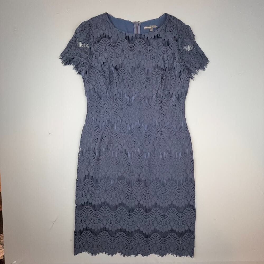 Preston & York Blue Lace Sheath Dress Short Sleeve Lined Size 8